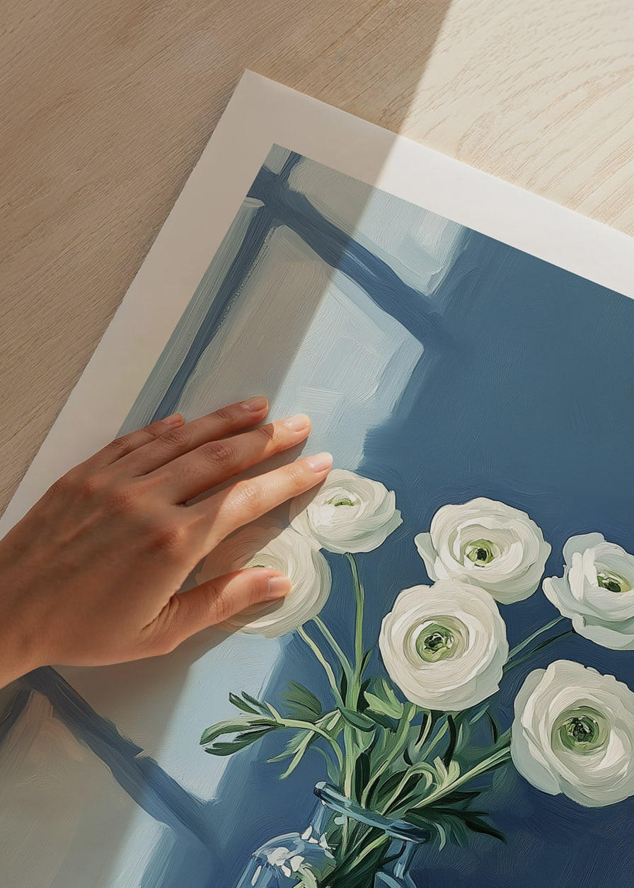 White flowers spread tranquility in a stylish blue vase.-12