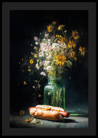 Een speels stilleven waarin een boeket wilde bloemen en een onverwachte hotdog samenkomen.-4