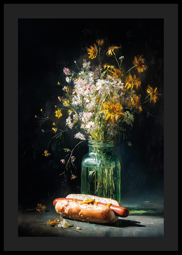 Een speels stilleven waarin een boeket wilde bloemen en een onverwachte hotdog samenkomen.-12