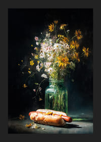 Een speels stilleven waarin een boeket wilde bloemen en een onverwachte hotdog samenkomen.-5