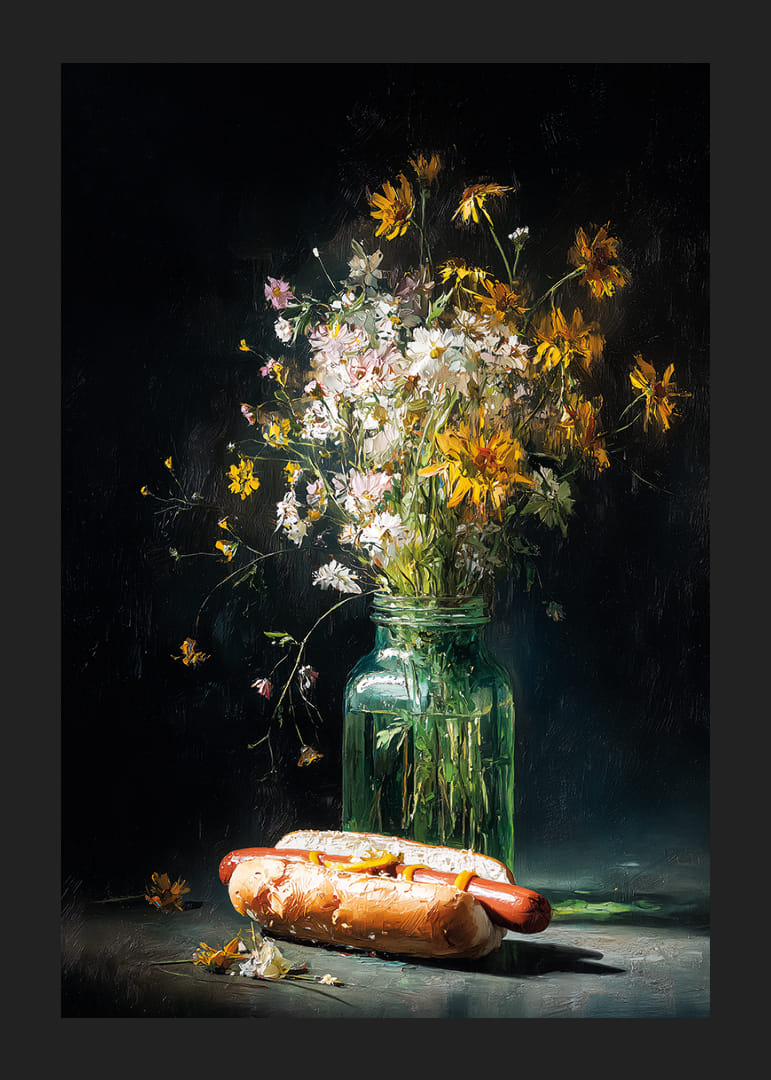 Een speels stilleven waarin een boeket wilde bloemen en een onverwachte hotdog samenkomen.-12