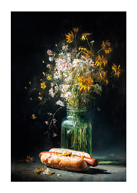 Ett lekfullt stilleben där en bukett vilda blommor möter en oväntad varmkorv.-1