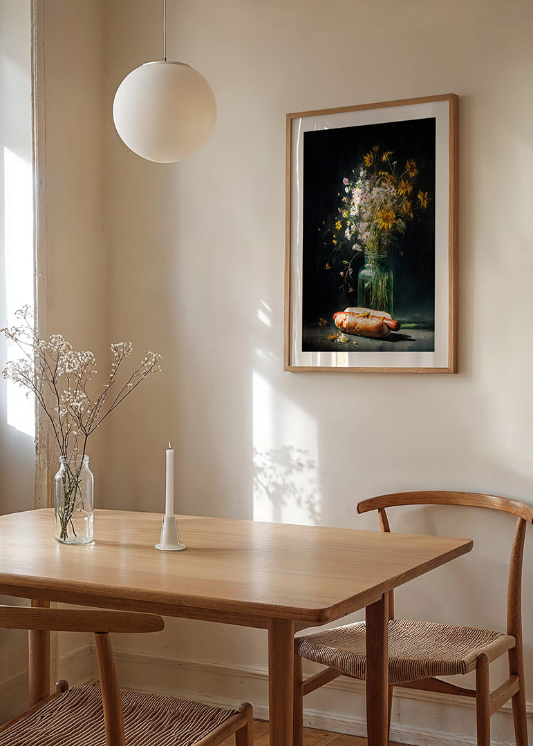Ett lekfullt stilleben där en bukett vilda blommor möter en oväntad varmkorv.-12