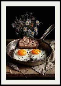 En rustik stekpanna med ägg och bröd skapar en hemtrevlig känsla.-2