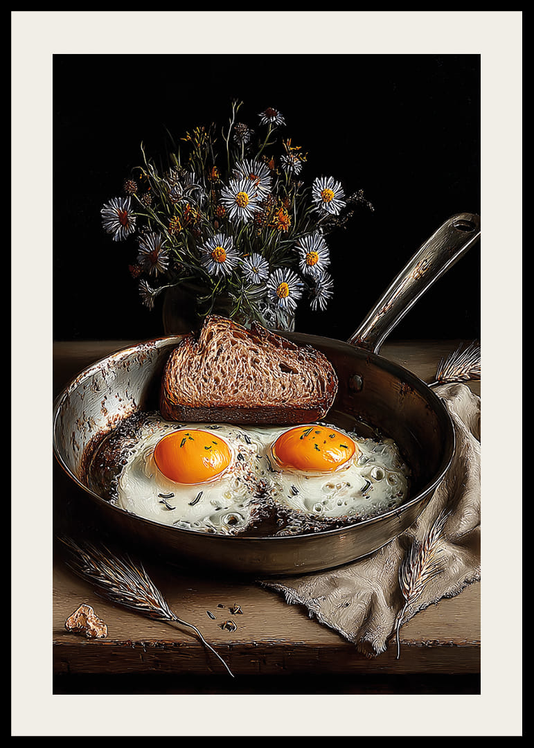 Une poêle rustique avec des œufs et du pain crée une atmosphère chaleureuse.-12