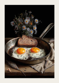 Une poêle rustique avec des œufs et du pain crée une atmosphère chaleureuse.-3