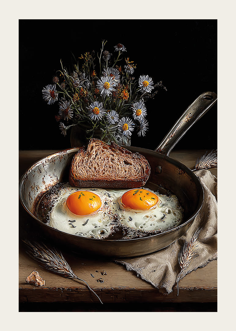 Une poêle rustique avec des œufs et du pain crée une atmosphère chaleureuse.-12