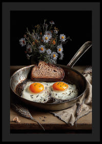 Une poêle rustique avec des œufs et du pain crée une atmosphère chaleureuse.-4