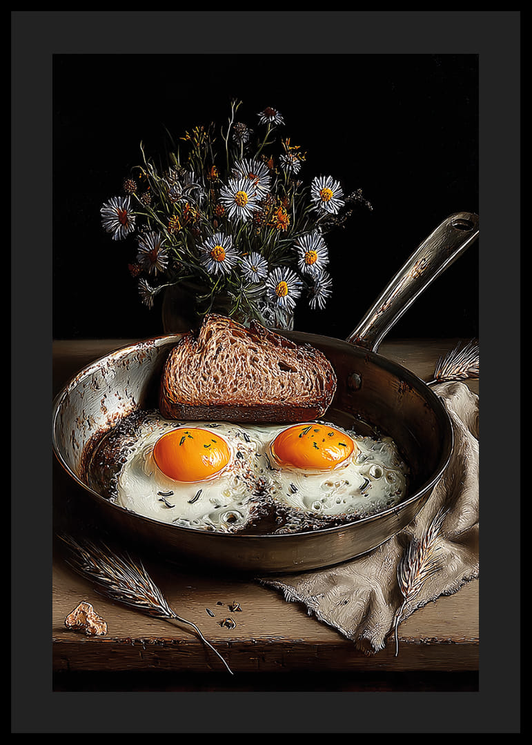 Une poêle rustique avec des œufs et du pain crée une atmosphère chaleureuse.-12