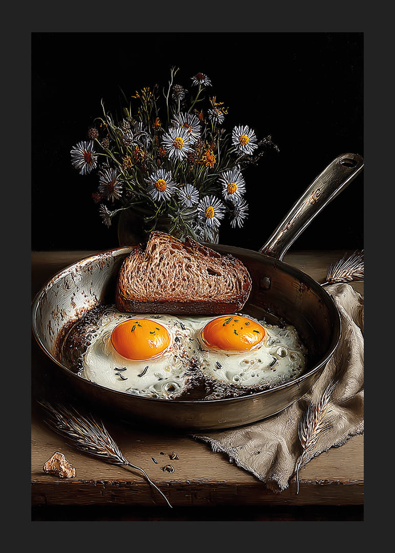 Une poêle rustique avec des œufs et du pain crée une atmosphère chaleureuse.-12