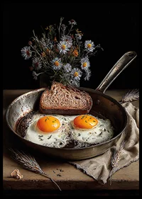 En rustik stekpanna med ägg och bröd skapar en hemtrevlig känsla.-6