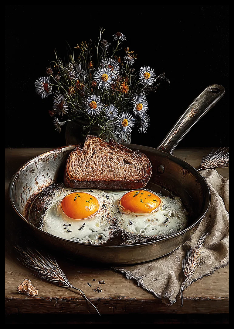 En rustik stekpanna med ägg och bröd skapar en hemtrevlig känsla.-12
