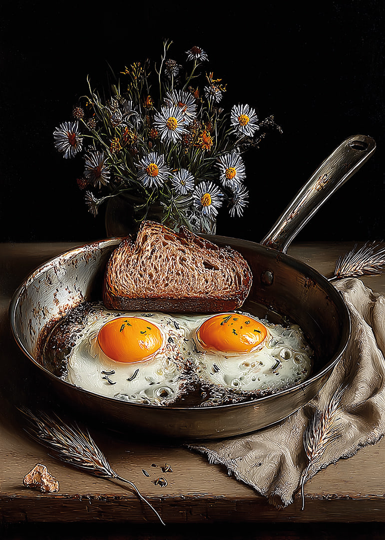 Eine rustikale Bratpfanne mit Eiern und Brot sorgt für ein heimeliges Gefühl.-12
