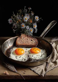 En rustik stekpanna med ägg och bröd skapar en hemtrevlig känsla.-7