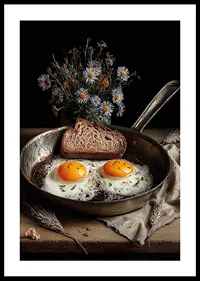 En rustik stekpanna med ägg och bröd skapar en hemtrevlig känsla.-0
