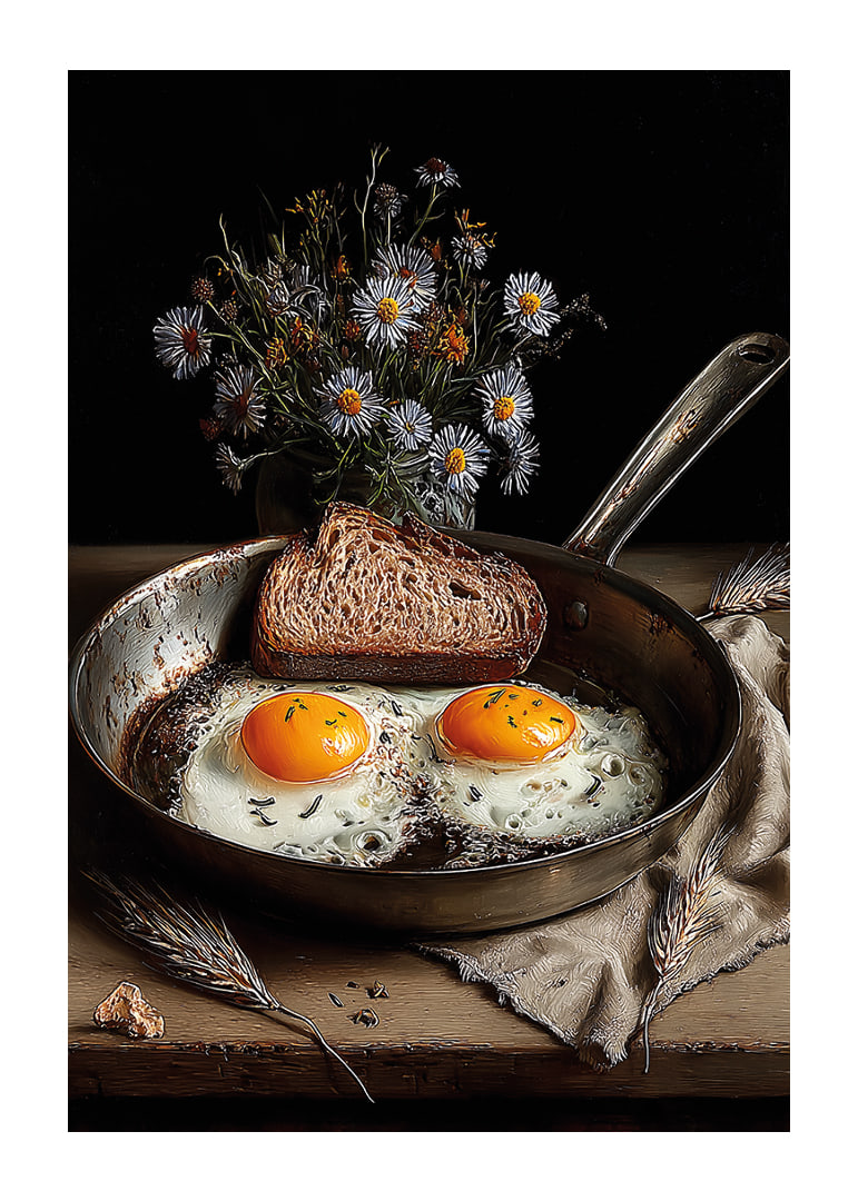 Eine rustikale Bratpfanne mit Eiern und Brot sorgt für ein heimeliges Gefühl.-12