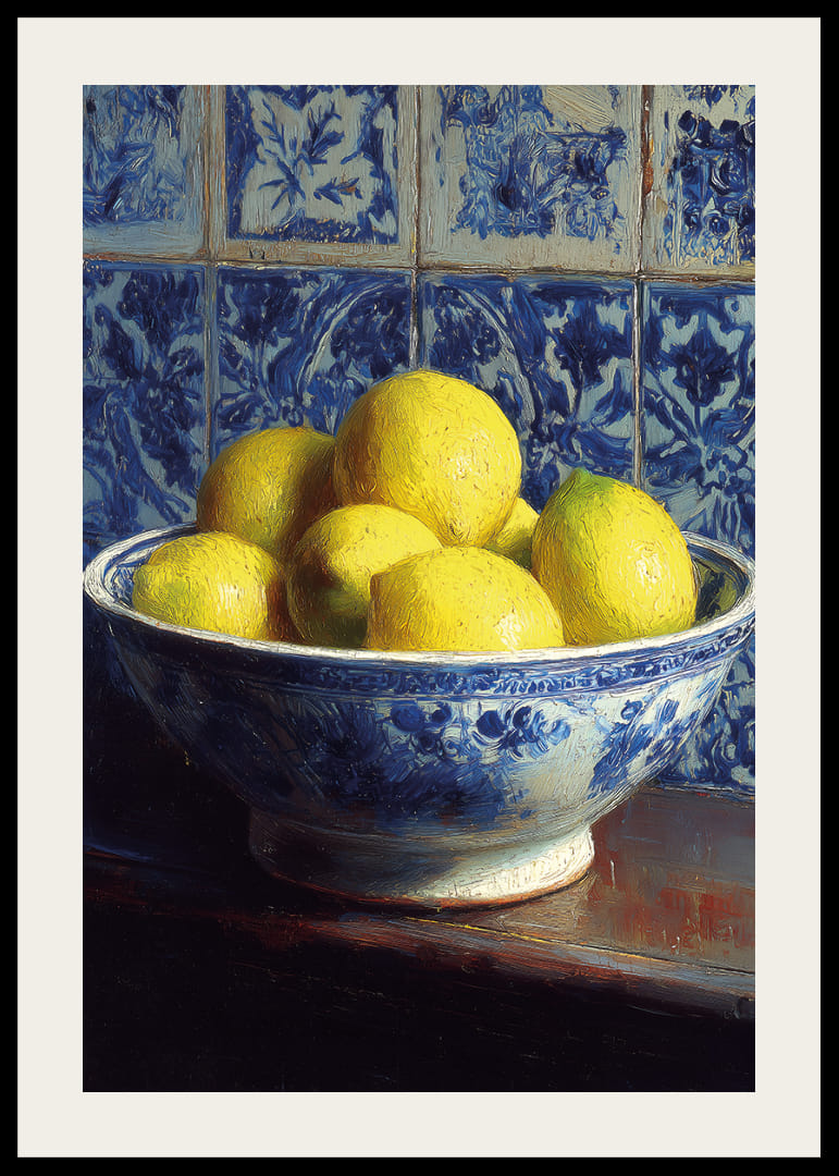 Citrons frais dans un bol bleu et blanc contre des murs carrelés.-12