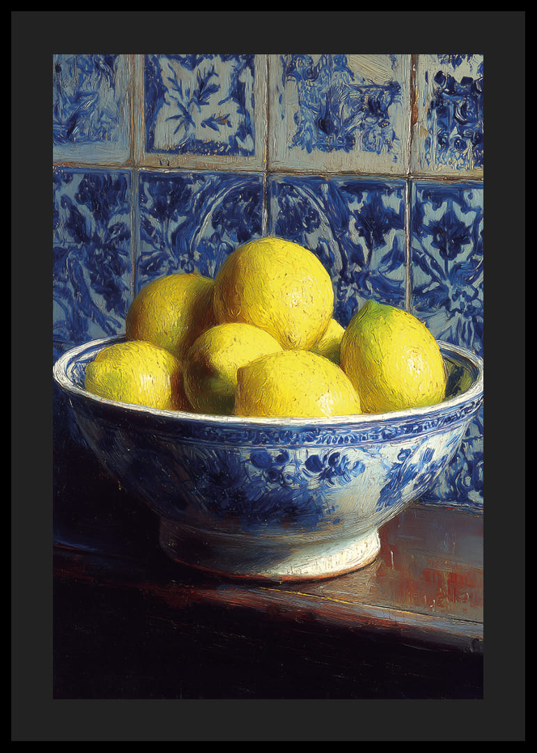 Citrons frais dans un bol bleu et blanc contre des murs carrelés.-12