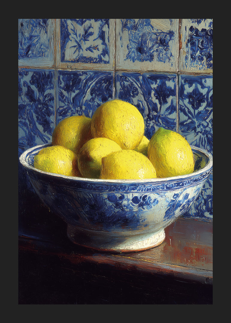 Fresh lemons in a blue and white bowl against tiled walls.-12