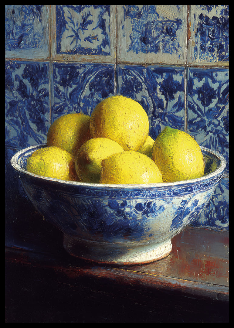 Fresh lemons in a blue and white bowl against tiled walls.-12