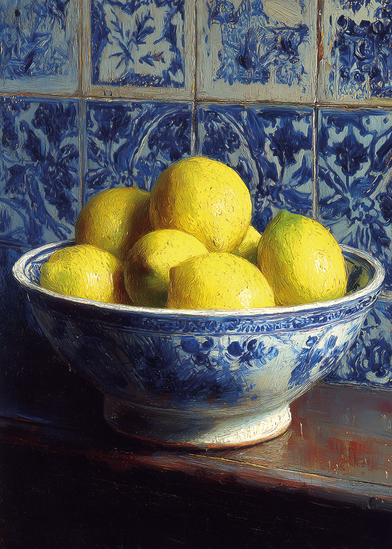 Fresh lemons in a blue and white bowl against tiled walls.-12