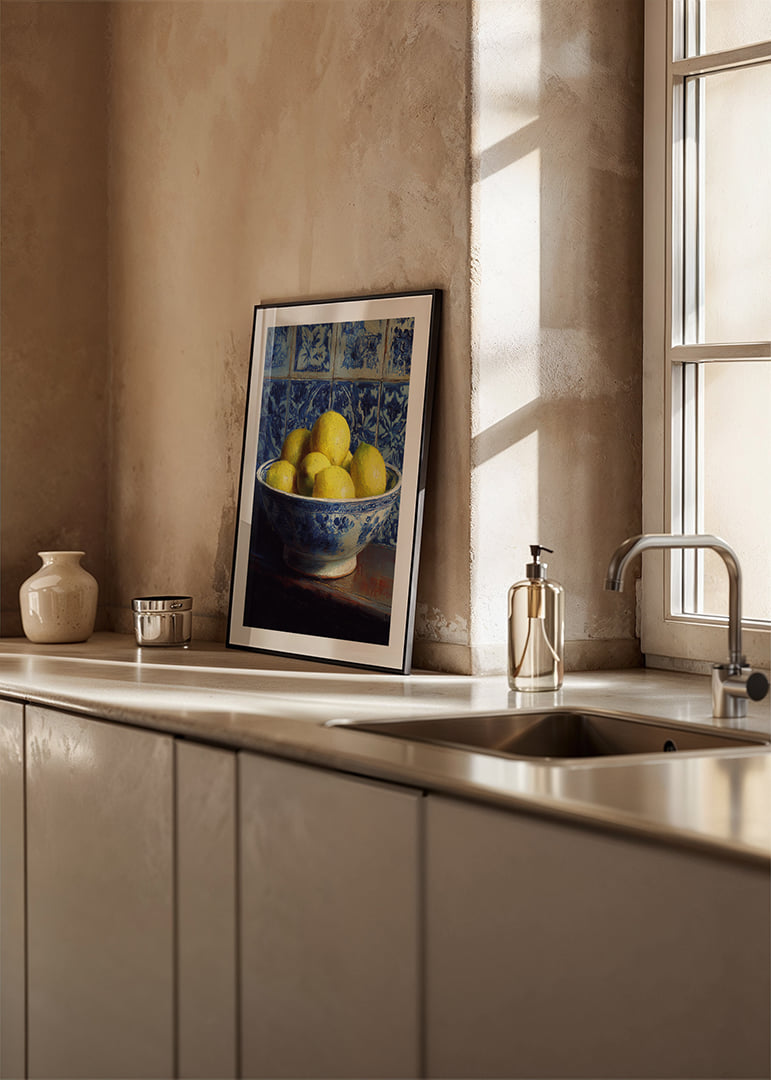Fresh lemons in a blue and white bowl against tiled walls.-12