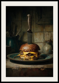 Een dramatische hamburger met een mes op een rustiek bord.-2