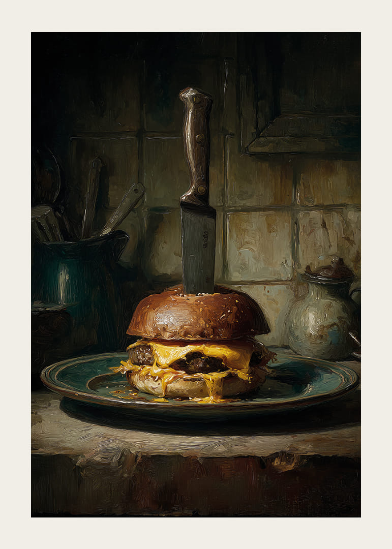 Een dramatische hamburger met een mes op een rustiek bord.-12