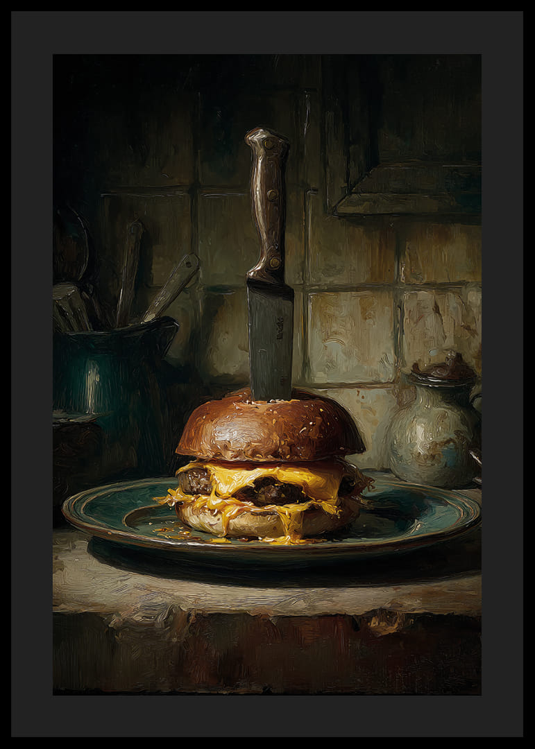 Een dramatische hamburger met een mes op een rustiek bord.-12