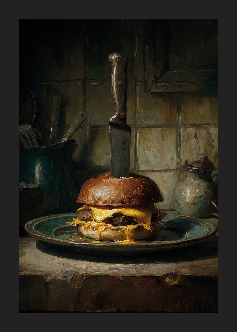 Een dramatische hamburger met een mes op een rustiek bord.-12