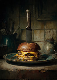 En dramatisk hamburgare med kniv på rustik tallrik.-7