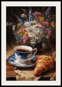 Egy gyönyörű jelenet kávéval és virágokkal békés reggeli hangulatot áraszt.-2