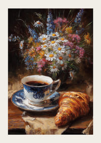 Egy gyönyörű jelenet kávéval és virágokkal békés reggeli hangulatot áraszt.-3