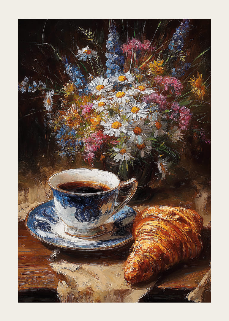 Egy gyönyörű jelenet kávéval és virágokkal békés reggeli hangulatot áraszt.-12