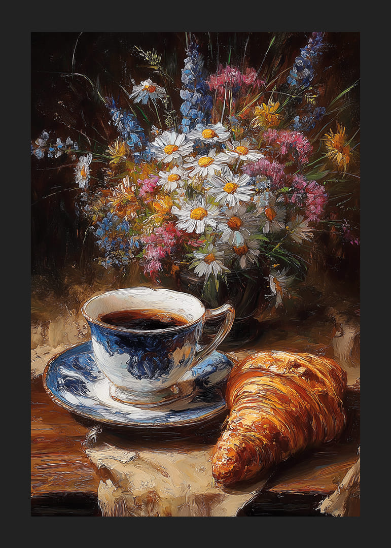 Egy gyönyörű jelenet kávéval és virágokkal békés reggeli hangulatot áraszt.-12