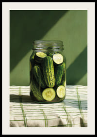 Un pot de concombres marinés brille au soleil.-2