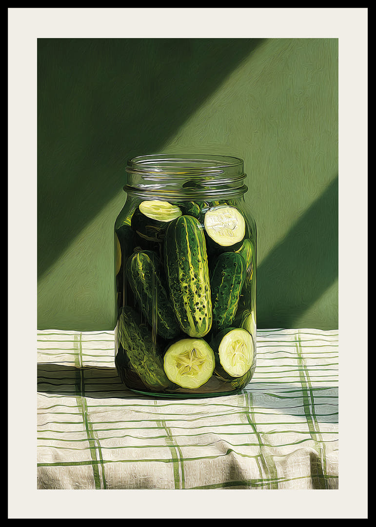 Un pot de concombres marinés brille au soleil.-12