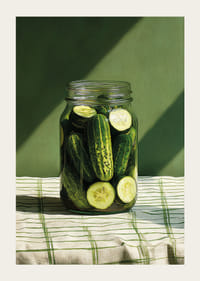 Un pot de concombres marinés brille au soleil.-3