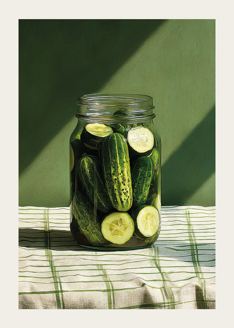 Un pot de concombres marinés brille au soleil.-12