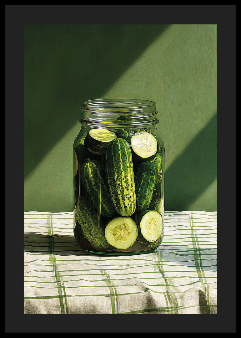 Un pot de concombres marinés brille au soleil.-12