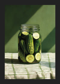 Un pot de concombres marinés brille au soleil.-5