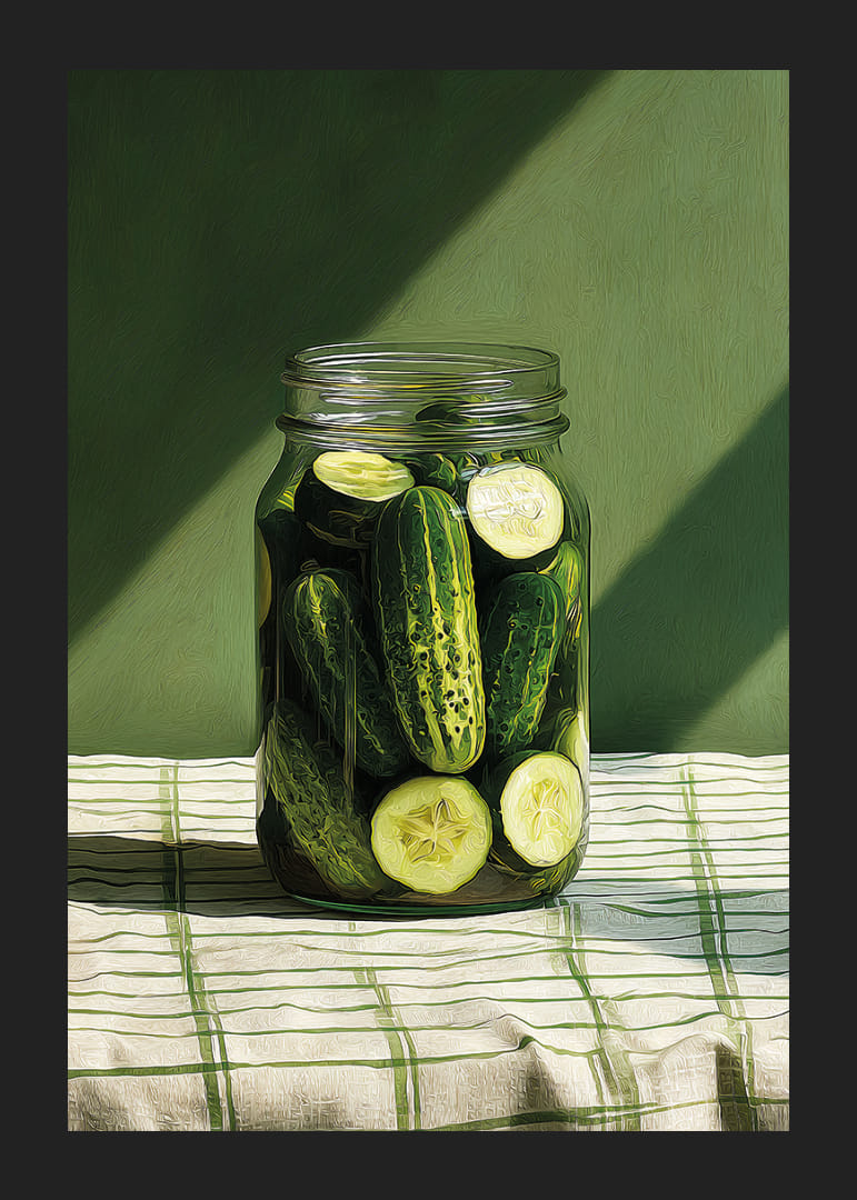 Un pot de concombres marinés brille au soleil.-12