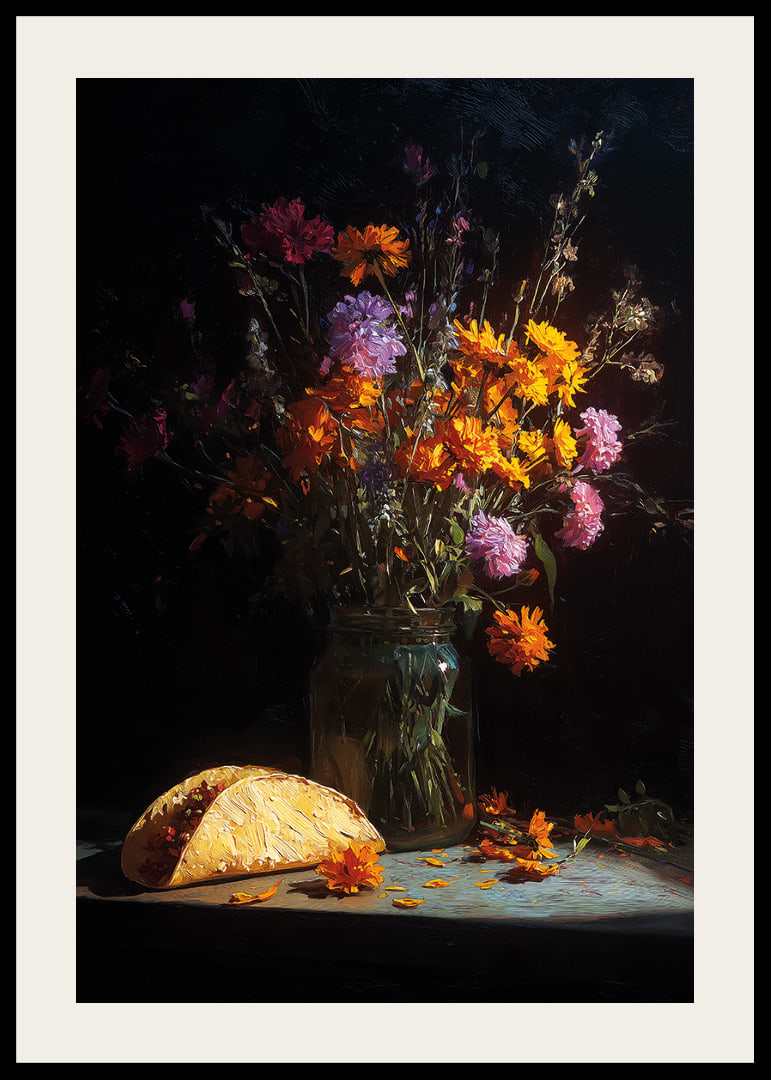 Colorful flowers and a taco in dim light create mystery.-12