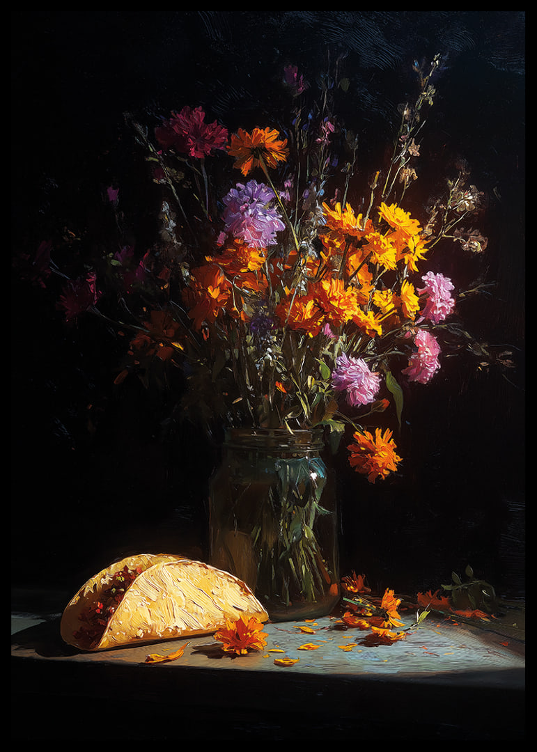 Colorful flowers and a taco in dim light create mystery.-12