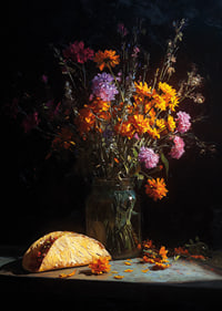 Colorful flowers and a taco in dim light create mystery.-7