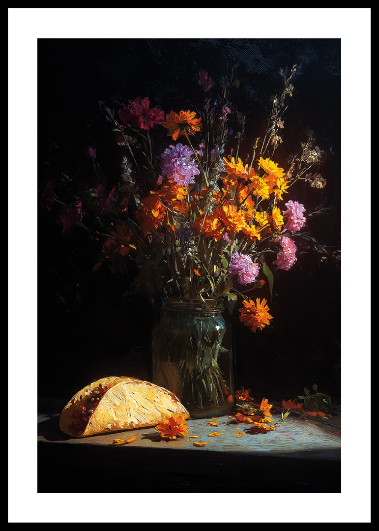 Colorful flowers and a taco in dim light create mystery.-12