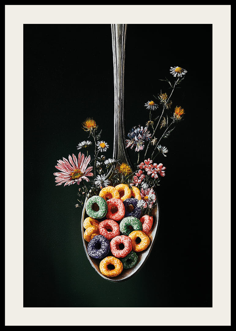 Farverig ske med blomster og morgenmadsprodukter mod mørk baggrund.-12