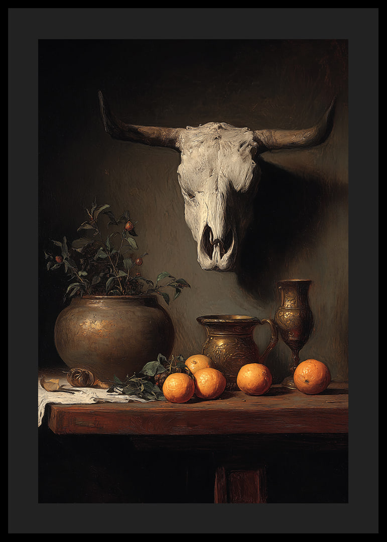 A skull, some cups, and beautiful oranges-12