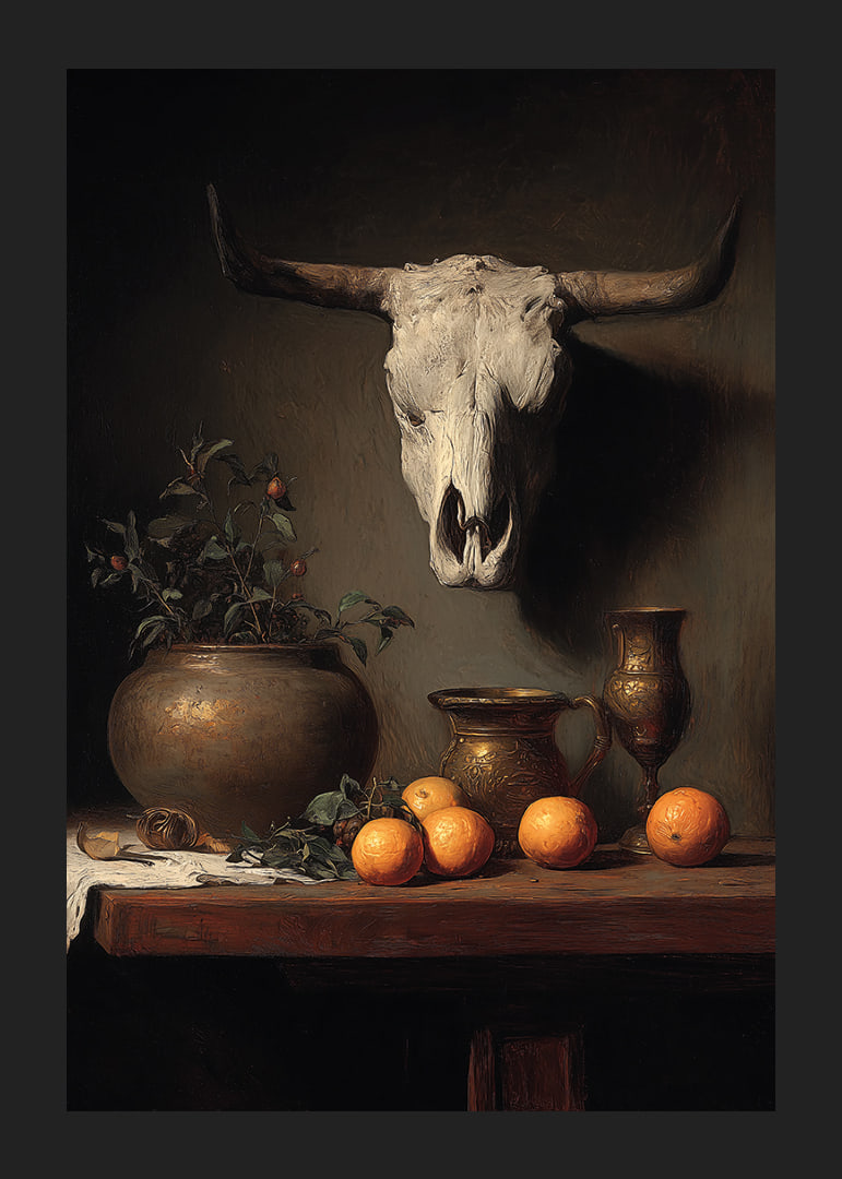 A skull, some cups, and beautiful oranges-12