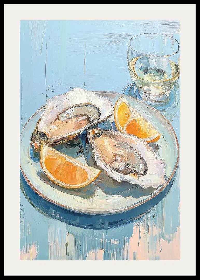 Delicious oysters with citrus on a light blue background.-12